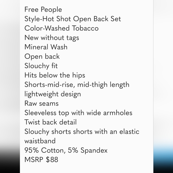 Free People Hot Shot Open Back Shorts Tank Set in Washed Tobacco NEW! - Picture 2 of 9